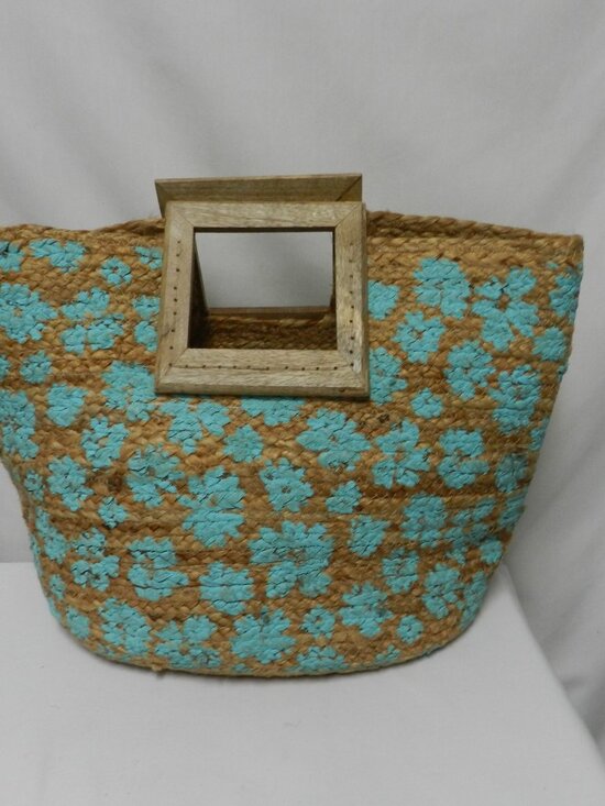 Twig & Arrow Handbags - Twig & Arrow Jute large Hand painted tote bag carryall tan turquoise wood Summer